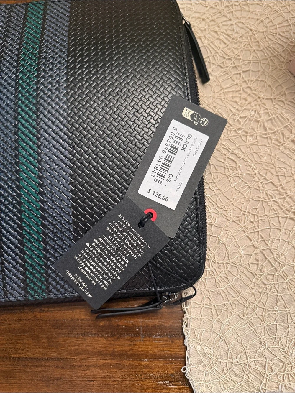 Ted Baker Black Woven Laptop Folio with Green Stripe Detail